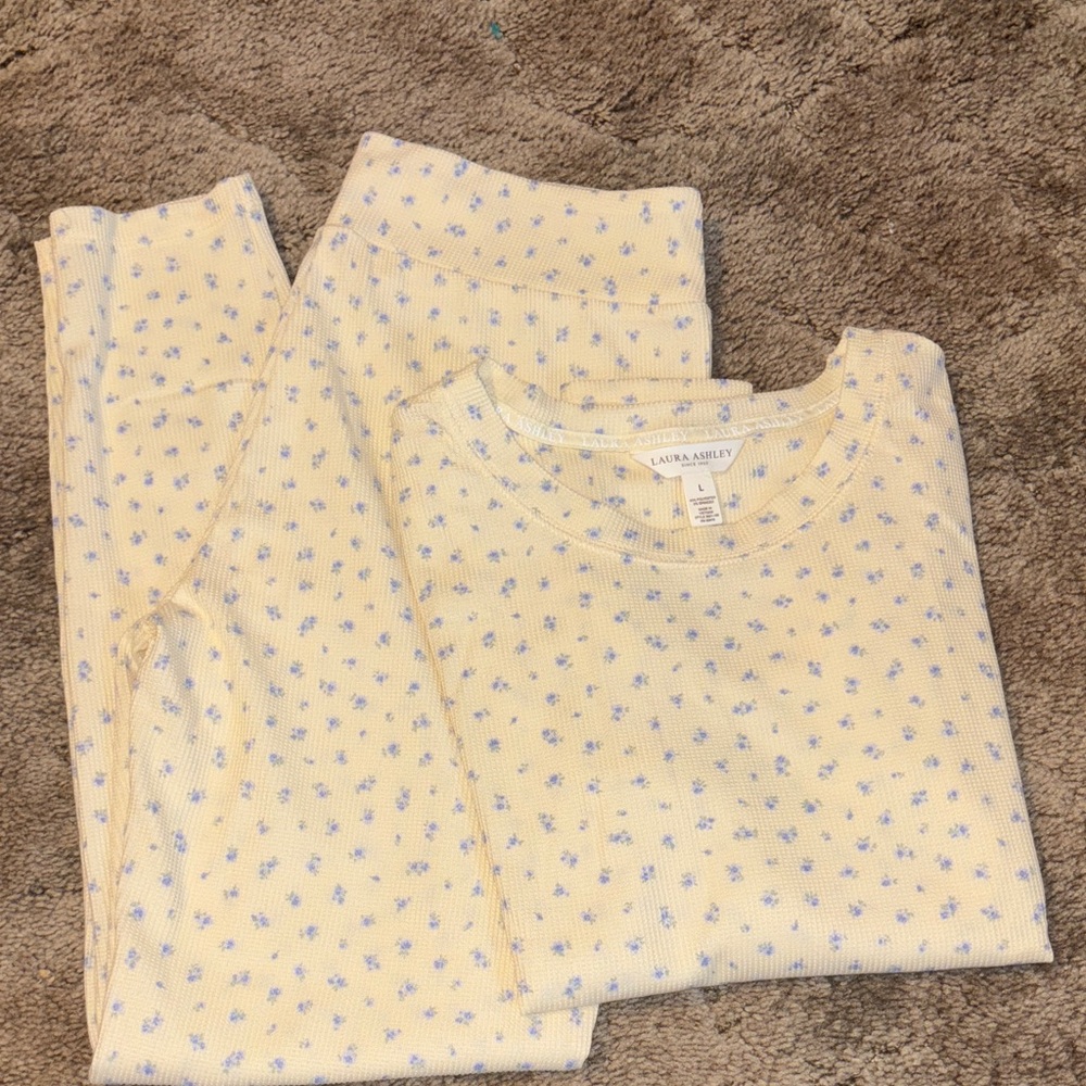 Laura Ashley yellow brushed waffle fabric with blue flower pajamas